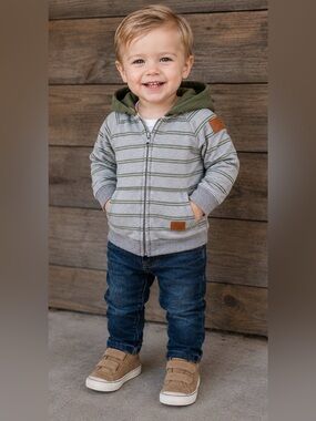 7 For All Mankind 🍼 Baby Hoodie Jacket 18M Gray Green Striped Zip Up